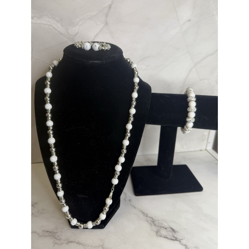 white and silver beaded jewelry set handmade necklace, bracelet and earrings